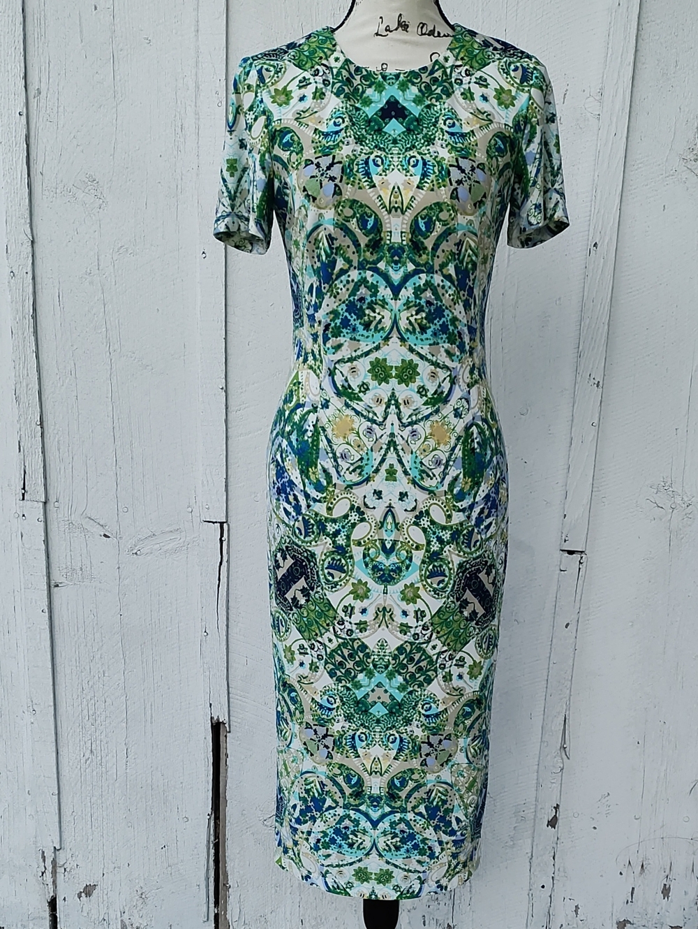 London Times Green and Blue Printed Midi Dress, Size 10, Fully Lined, Paisley